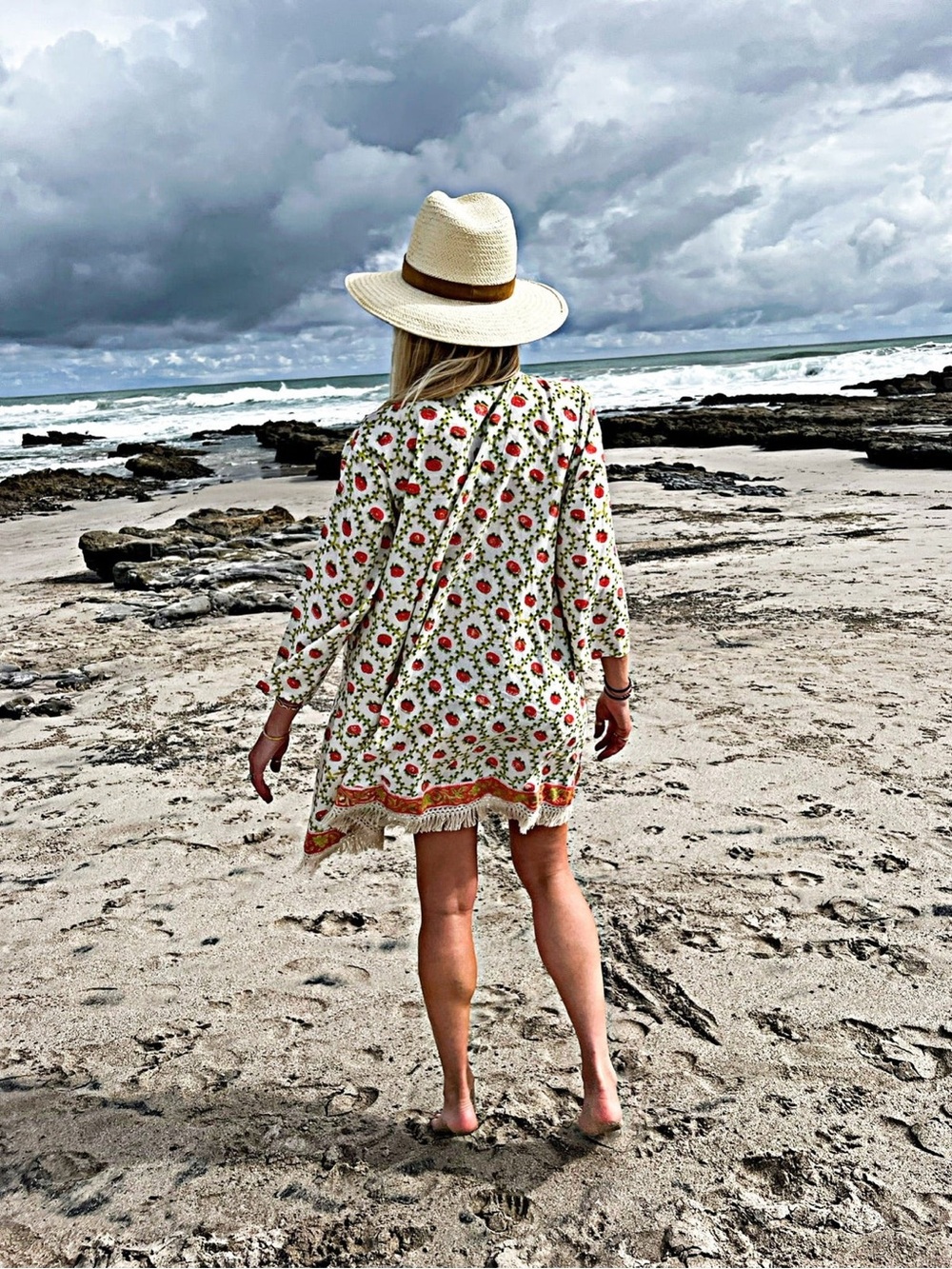 Cream and Red Floral Long-Sleeve Shift Dress